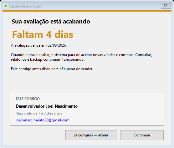 Aviso da versão de avaliação mostrando os dias restantes